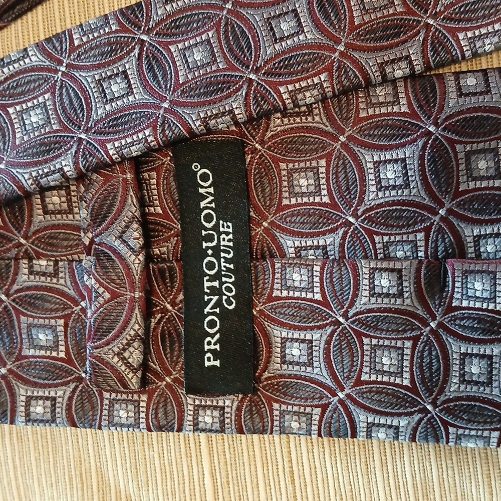 PRONTO• UOMO Couture Geometric Patterned Tie - Burgundy/Blue/Grey - Picture 2 of 6